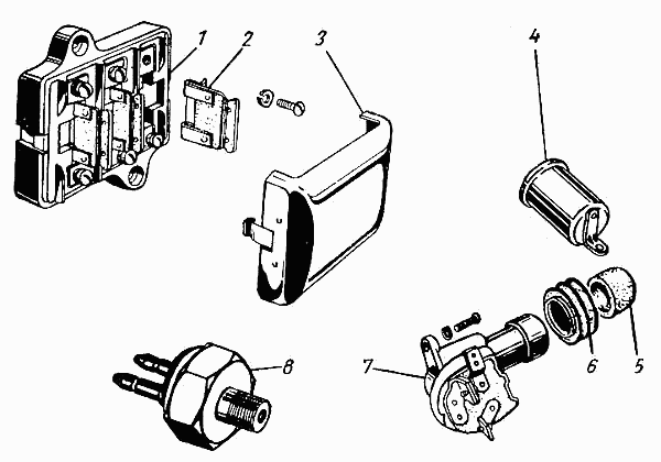 Fuse box, relay flasher, brake light switch, High beam foot switch GAS 21 Volga.  Блок предохранителей, прерыватель указателей поворота, включатель гидравлический света СТОП, переключатель света ножной ГАЗ 21 Волга.