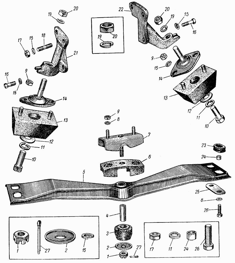 Motoraufhängung und Getriebeaufhängung Moskwitsch M402, M403, M407, M423. Engine mounting (mount rubber) und gear mounting (buffer) Moskvich 402, 403, 407, 423. Подвеска двигателя автомобиля Москвич М402, М403, М407, М423.