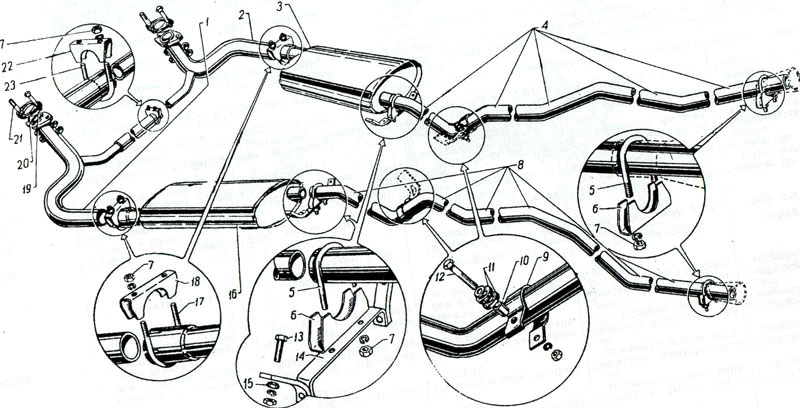 Auspuffanlage (Abgasanlage) GAZ 13 Tschajka Tschaika Tchaika. Exhaust system GAS 13 Chaika. Глушитель и выхлопные трубы (Выхлоп) ГАЗ-13 Чайка.