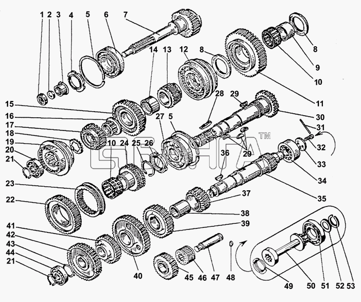 Getriebe Schaltgetriebe Innenteile KRAZ 255, KRAZ 256. Gearbox inner KRAS 255, KRAS 256. Валы и шестерни коробки передач грузового автомобиля КРАЗ-255, КРАЗ-256.