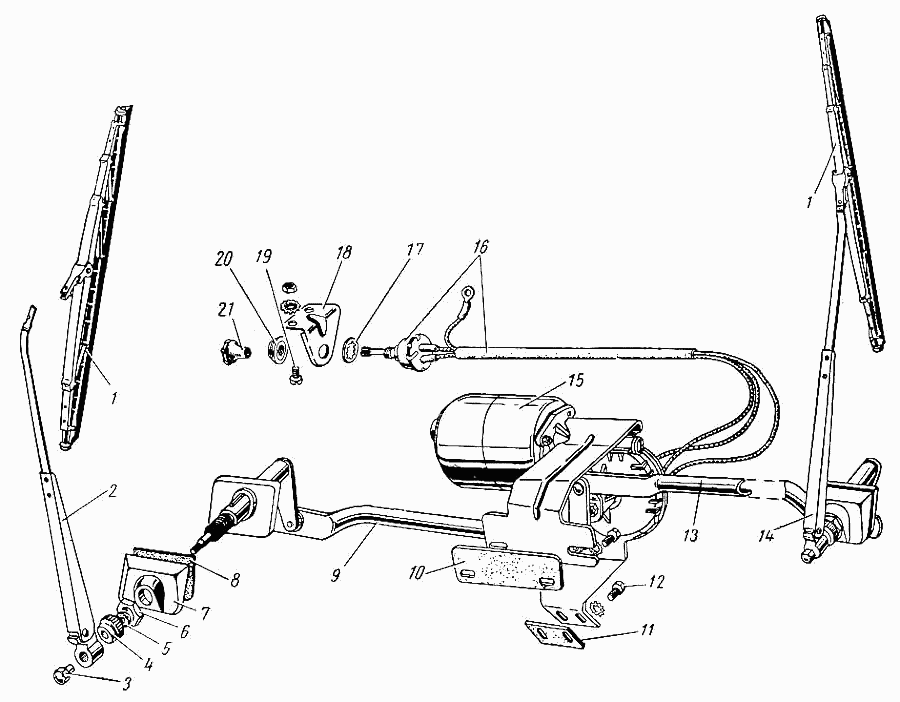 Scheibenwischer und Wischermotor GAZ-M21 Wolga. Windscreen wiper and wiper motor GAS 21 Volga.  Стеклоочиститель и привод стеклоочистителя ГАЗ-М21 Волга. 