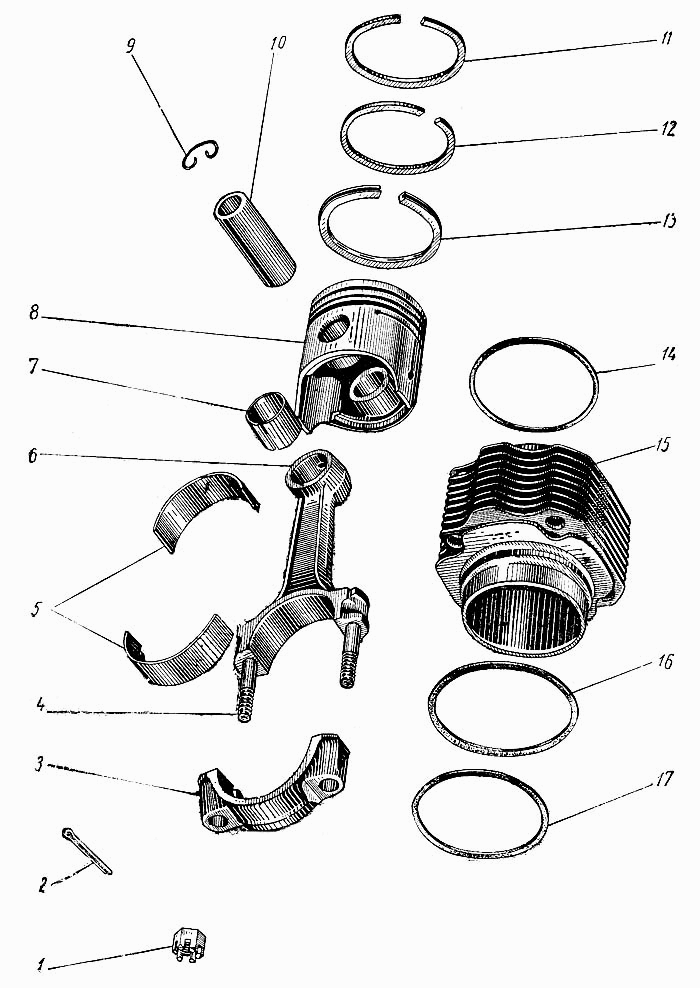 Kurbeltrieb Motor (Pleuelstangen und Zylinder) ZAZ 965. Crankshaft drive engine (Pistons, connecting rods and cylinders) SAS 965. Поршни, шатуны и цилиндры двигателя ЗАЗ-965.