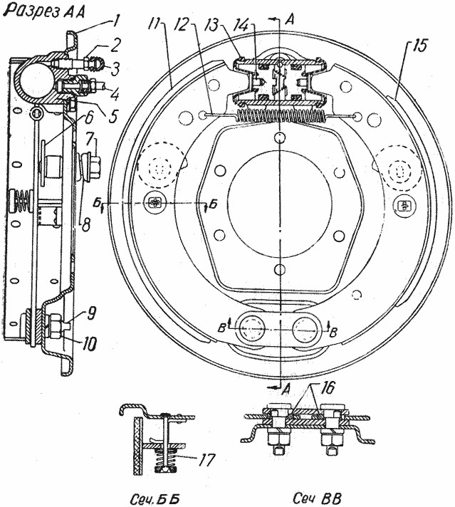 Bremse vorne (VA) und Bremse hinten (HA) GAZ 69, GAZ 69A, GAZ 69AM.  Front brakes (FA Front axle) and rear brakes (RA Rear axle) GAS 69, GAS 69A, GAS 69AM.   Передние и задние ножные  тормоза ГАЗ 69, ГАЗ 69А,  ГАЗ 69АМ. 