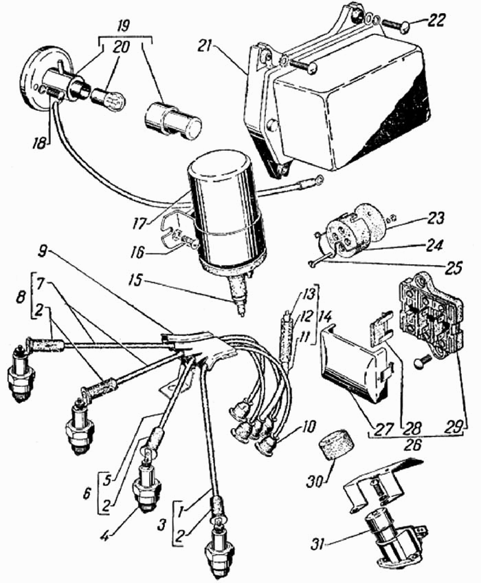 Ignition coil, ignition leads and spark plugs. Engine compartment lighting, board socket, control box, Fuse box, High beam foot switch  GAS 69, GAS 69A.