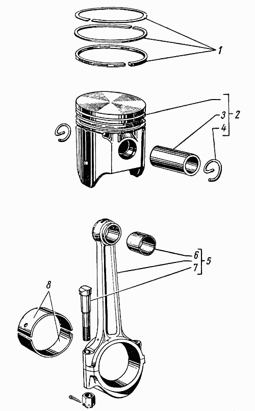 Kolben und Pleuelstange Motor GAZ 21 Wolga. Piston and  Con rod engine GAS M21 Volga. Поршни и шатуны двигателя ГАЗ-21  Волга.