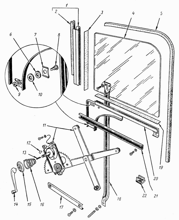 Kurbelfenster, Kurbelautomat ordere Tür GAZ M20 Pobeda. Front Door Windows, Window Regulator GAS M-20. Стеклоподъемник передней двери ГАЗ М20 Победа.