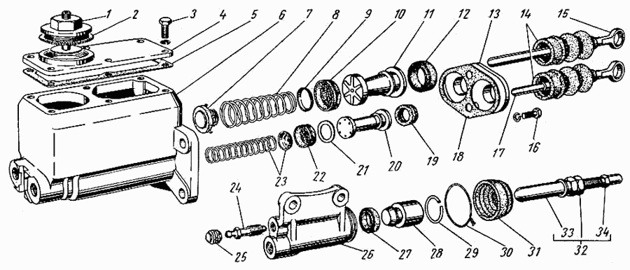 Brems- und Kupplunghydraulik GAZ 21 Wolga. Brake- and clutch hydraulics GAS 21 Volga. Главный цилиндр тормоза и выключения сцепления ГАЗ 21 Волга. 