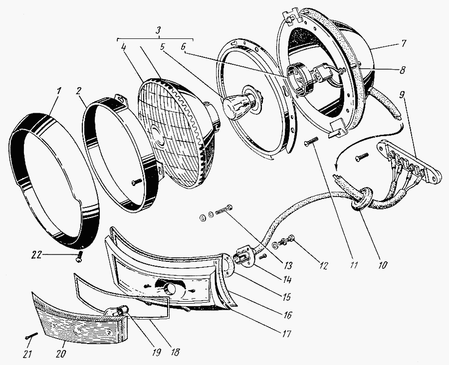 Scheinwerfer, vordere Blinker und Standlicht GAZ 21, GAZ 22 Wolga.  Headlamps, side light and front indicator GAS M-21, GAS 22 Volga.  Фара и подфарники ГАЗ 21, ГАЗ 22 Волга.