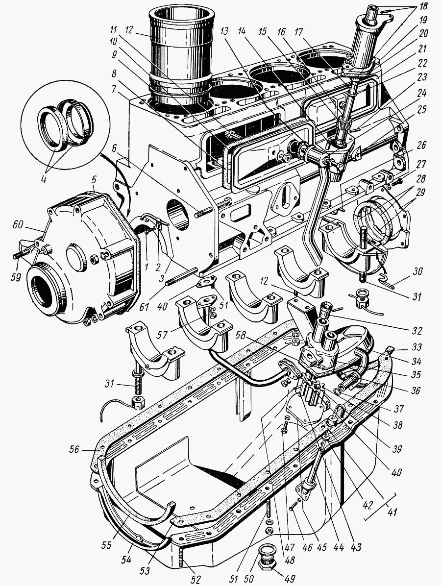 Motorblock, Steuergehäusedeckel, Ölwanne, Ölpumpe, Zündverteiler Antrieb GAZ 21 Wolga .  Cylinder block, Timing cover, Oil sump, Oil pump, Distributor Drive Gear GAS 21 Volga.  Блок цилиндров, Крышка распределительных шестерен, Картер масляный