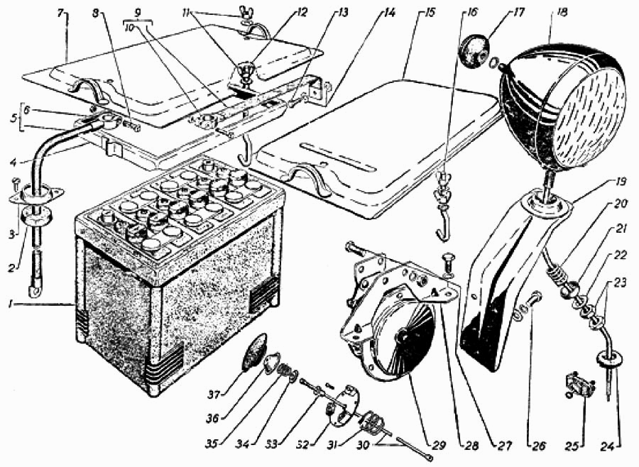 Starterbatterie Batterie Akkumulator Akku, Suchscheinwerfer, Hupe GAZ 69, GAZ 69A.  Battery, Searchlight, Horn GAS 69, GAS 69A.  Аккумуляторная батарея Аккумулятор, фара-искатель, звуковой сигнал ГАЗ 69, ГАЗ 69А