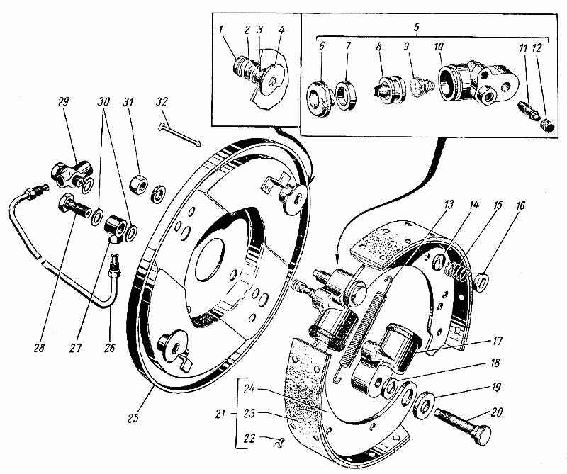 Bremse vorne (VA Vorderachse) GAZ 21, GAZ 22, GAZ 23 Wolga. Front brakes (FA Front axle) GAS M21, GAS 22, GAS 23 Volga. Передние ножные тормоза ГАЗ М21, ГАЗ 22, ГАЗ 23 Волга.