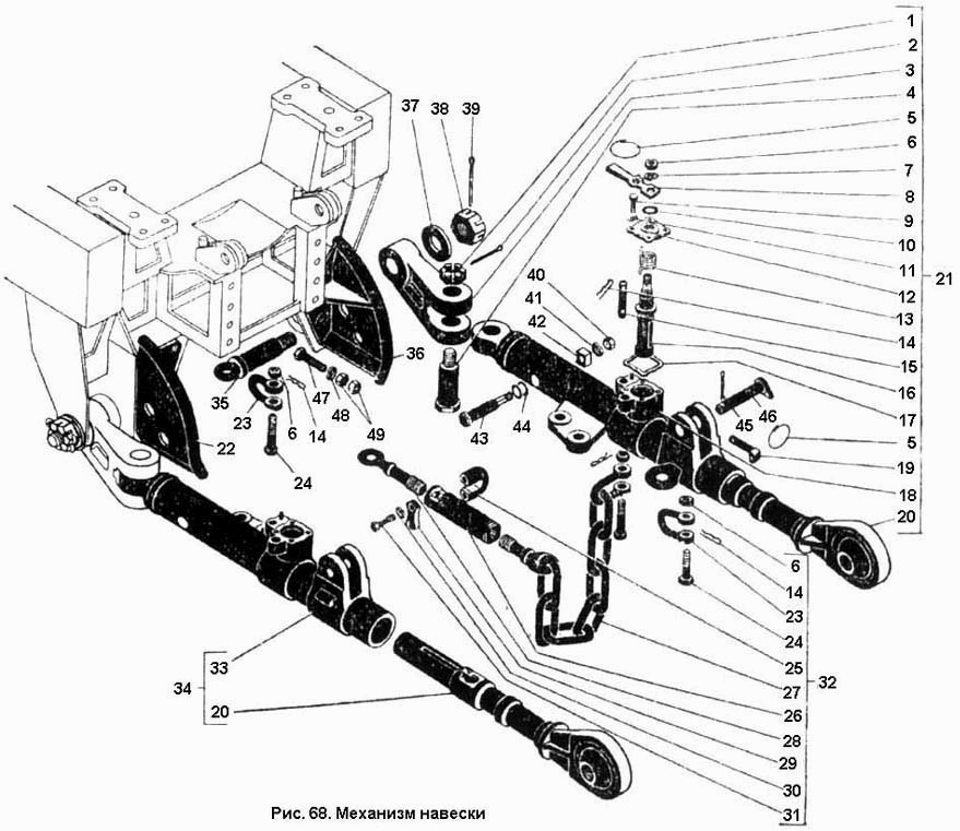 Dreipunkt-Kraftheber Mechanismus Traktor K700, K700A, K701 Kirowetz. THREE-POINT HITCH AND LINKAGE PARTS Kirovetz K700, K700A, K701 Kirovetz. Механизм навески трактора К-700, К-700А, К701 Кировец.