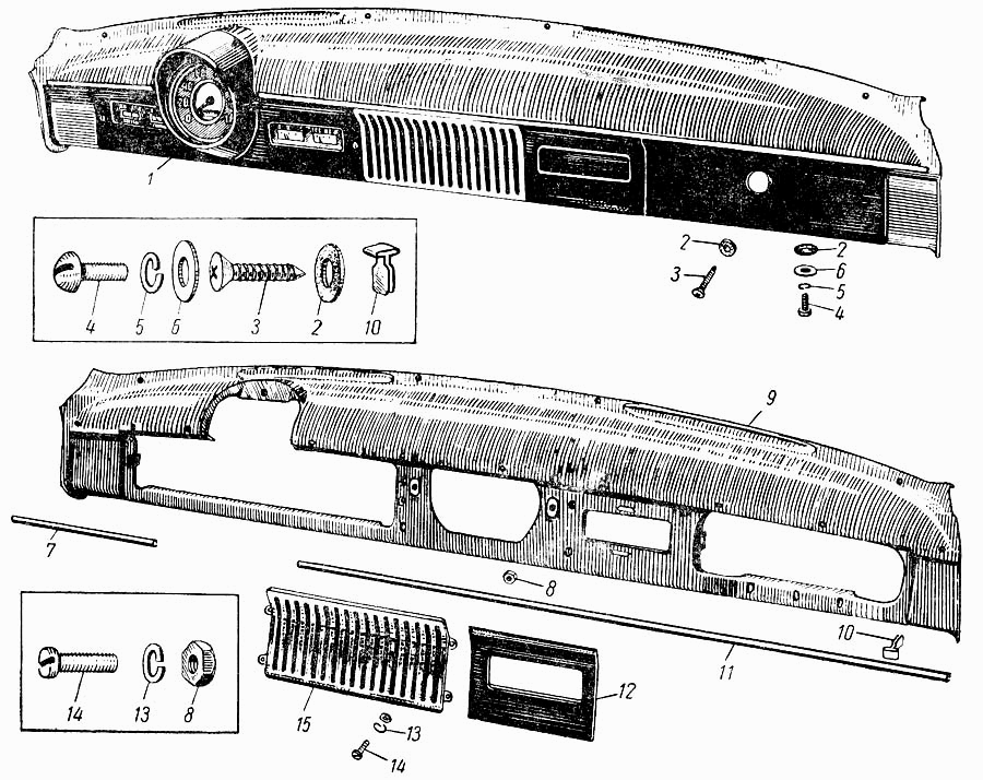 Armaturenbrett Moskvitch Moskwitsch M402, M403, M407, M423. Dashboard Moskvich 402, 403, 407, 423. Панель приборов автомобиля Москвич М402, М403, М407, М423.