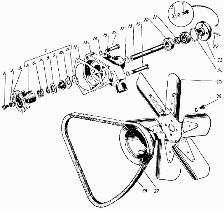 Wasserpumpe und Lüfterflügel GAZ 69, GAZ 69A.  Water pump and fan blade GAS 69, GAS 69A.  Водяной насос и вентилятор ГАЗ 69, ГАЗ 69А.