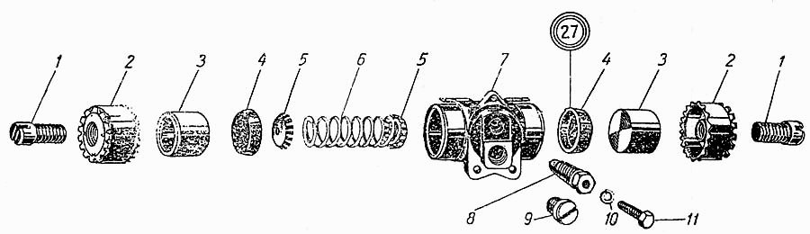 Radbremszylinder Vorderachse ) Moskwitsch Mosi M400, M401, Opel Kadett K38. Front wheel brake cylinder Moskvich M400, M401,Opel Kadett K38. Цилиндр колесный переднего тормоза Москвич М400 (400-420), М401, Опель Кадет К38.