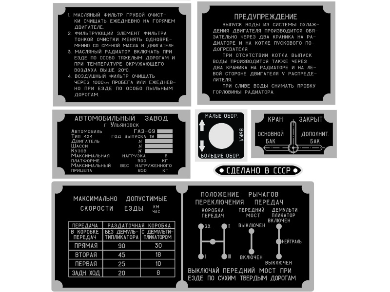 Aluminium Armaturenbrett Datenschild Typenschild Satz GAZ 69, GAZ 69A. Metal dash data plate Vin-plate set GAS 69, GAS 69A. Шильдики панели и моторного отсека ГАЗ 69, ГАЗ 69А.