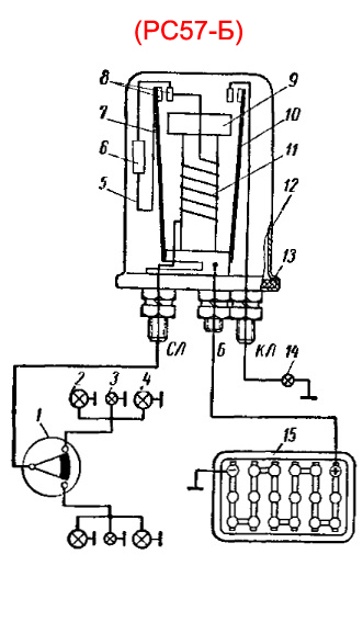 Schaltplan Blinkrelais Relais Blinker  53-70-3726155 21-3726155 РС57-Б PC57 PC-57) Blinkrelais Relais Blinker GAZ 69, GAZ 69A. Circuit diagram (wiring diagram) indicator relay GAS 69, GAS 69A. Схема прерывателя указателей поворота (Реле поворотов) ГАЗ 69.