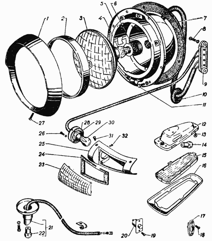 Scheinwerfer, vordere Blinker und Standlicht, Innen- und Motorraum Leuchte (Beleuchtung) GAZ 21 Wolga 1. Baureihe. Фара и подфарники, Плафон и подкапотная ламп ГАЗ 21 Волга Первая Серия.