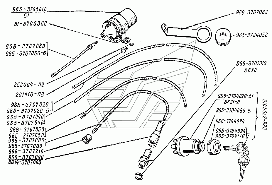 Zündanlage (Zündung): Zündspule, Zündkabel und Zündkerzen ZAZ-966, ZAZ-966B Saporoshez. Ignition system: ignition lock, Ignition coil, ignition leads and spark plugs SAS-966, SAS-966B. 