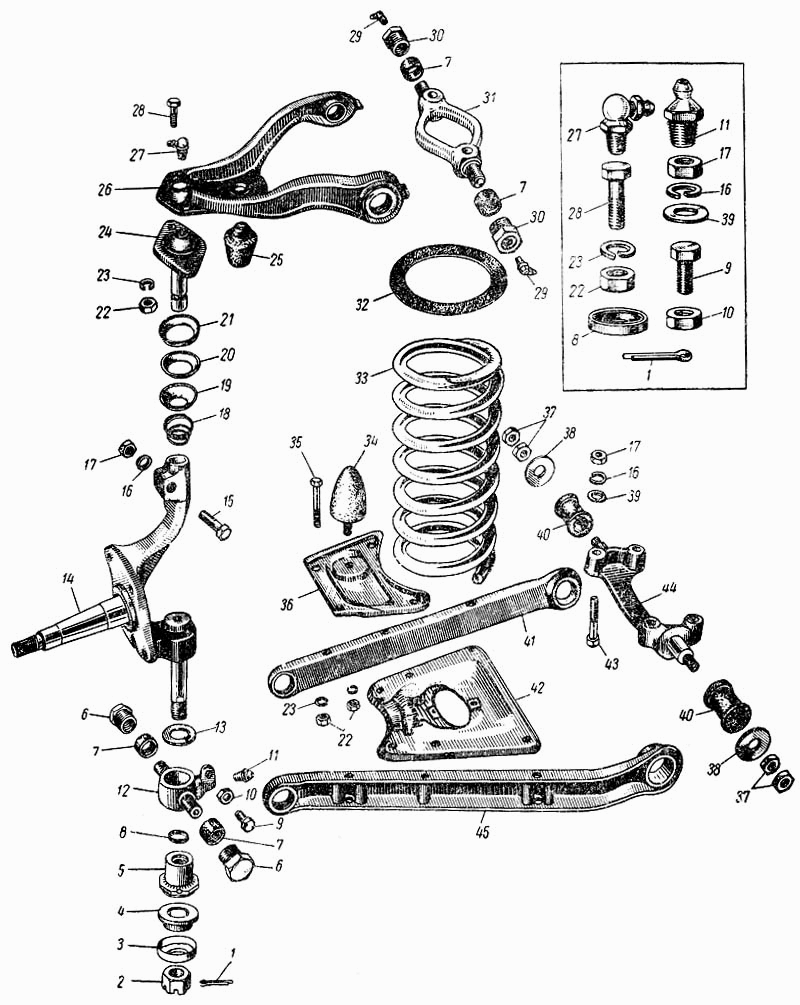 Vorderachse Vorderradaufhängung Moskvitch Moskwitsch M402, M403, M407, M423. Front suspension Moskvich 402, 403, 407, 423.  Передняя подвеска автомобиля Москвич М402, М403, М407, М423: Пружина, стойка и рычаги передней подвески.
