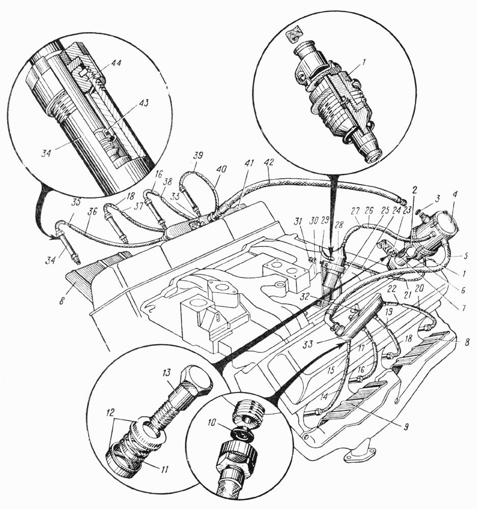 Zündanlage LKW URAL 375, 375D, 4320. Ignition system URAL 375, 375D, 4320. Схема системы зажигания автомобиля Урал 375, 375Д, 4320.
