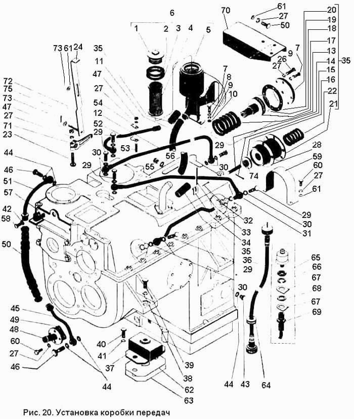 Getriebe Anbauteile, Leitungen und Getriebeaufhängung Traktor K700, K700A, K701 Kirowetz.  GearboxTransmission External Parts, Trasmissin lines,  gear monting tractor K-700, K-700A, K-701 Kirovets, Kirovez. Установка коробки передач трактора Кировец К700