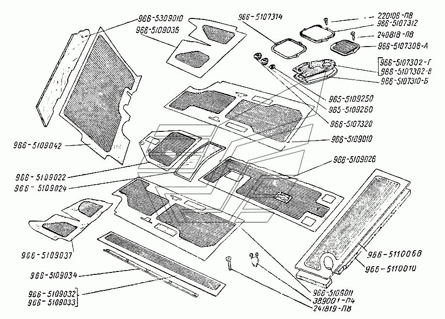 Boden ZAZ-966, ZAZ-966B. Floor SAS-966, SAS-966B. Крышки люков, коврики пола и багажника и пол багажника ЗАЗ-966, 966В.