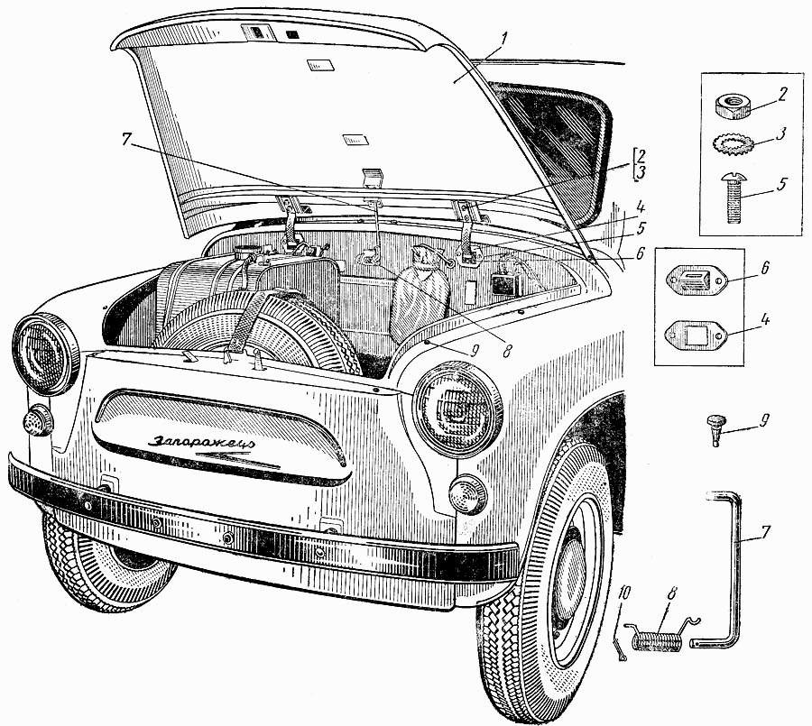 Vordere Kotflügel, vordere Haube, Haubenscharnier und Haubenstütze ZAZ-965. Front fenders, front hood, hood hinge and bonnet stay rod SAS 965. Передние крылья, капот, петли и упор капота ЗАЗ-965.