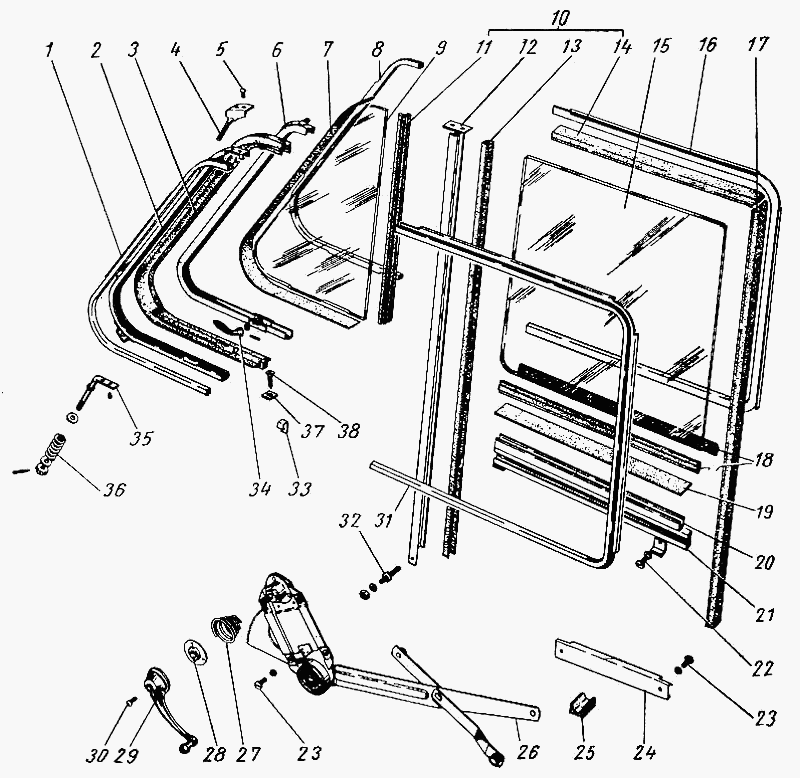 Kurbelfenster, Kurbelautomat und Drehfenster vordere Tür GAZ 21 Wolga. Front Door Windows, Window Regulator and Quarter glass GAS 21 Volga. Окно передней двери и механизм перемещения стекол ГАЗ 21 Волга. 21 Волга. 