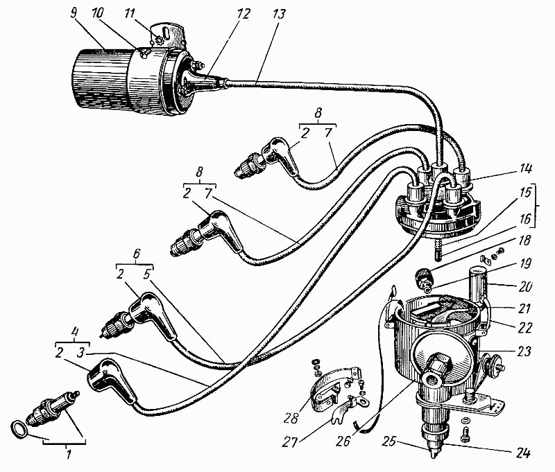 Zündspule, Zündkabel und Zündkerzen, Zündverteiler GAZ M21, GAZ M22 Wolga.  Ignition coil, ignition leads and spark plugs, distributor GAS M-21, GAS M-22 Volga.  Катушка зажигания, запальные свечи и распределитель (Трамблёр Трамблер трамплер) ГАЗ 21 (М-21