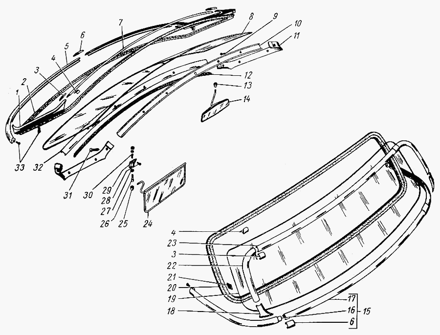 Frontscheibe, Innenspiegel, Aussenspiegel Sonnenblenden und Heckscheibe  Windscreen, interior driving mirror, exterior rearview mirror, sun visors and rear windshield.  Ветровое окно, зеркало заднего вида наружное и внутреннее и окно задка ГАЗ 21 Волга.  