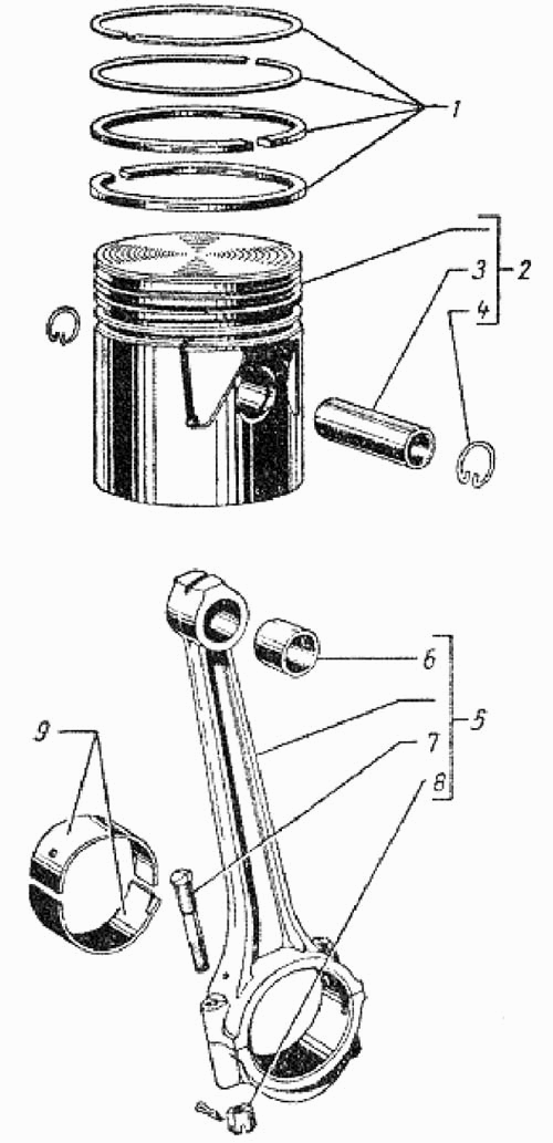 Pleuel und Kolben GAZ 69, GAZ 69A. Pistons and Con rods GAS 69, GAS 69A. Поршни и шатуны ГАЗ 69, ГАЗ 69А.