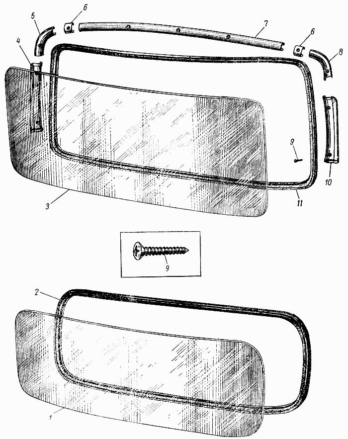 Ersatzteile Windschutzscheibe und Heckscheibe Moskwitsch M402, M403, M407, M423. Spare parts Windscreen and rear window Moskvich 402, 403, 407, 423. Детали ветрового и заднего окна автомобиля Москвич М402, М403, М407, М423.