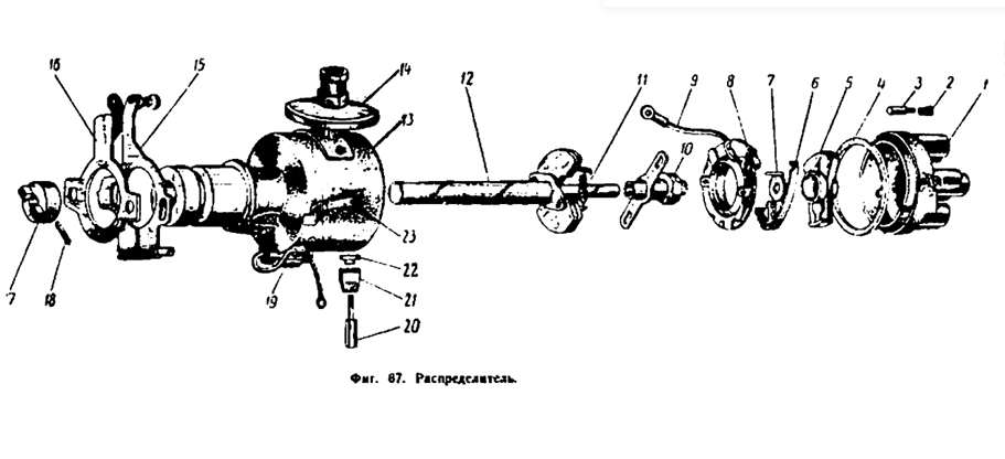 Zündverteiler und die Zündzeitpunktsteuerung ZIL-157. Distributor and ignition timing SIL 157. Распределитель и управление опережением зажигания ЗИЛ-157.