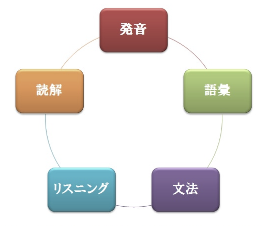 英語や中国語などの外国語を習う「発音」「語彙」「文法（ことばのきまり）」「リスニング」「読解」サイクル