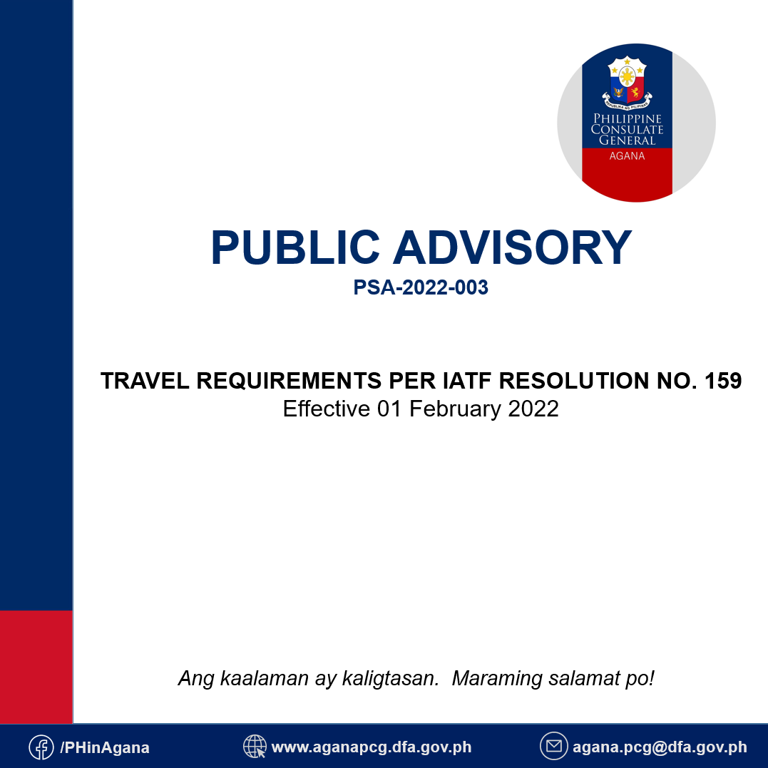 Travel Requirements per IATF Resolution No. 159 effective 01 February 2022