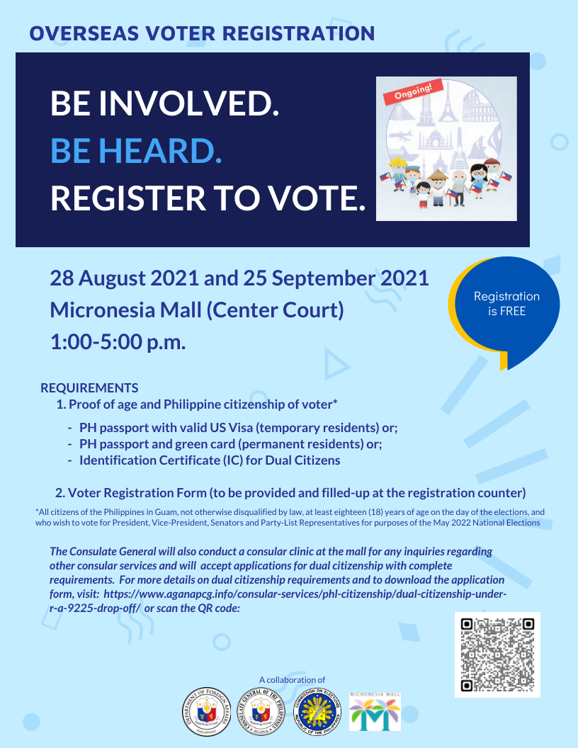 Overseas Voter Registration and Consular Clinic -- 28 August 2021 & 25 September 2021 at the Micronesia Mall