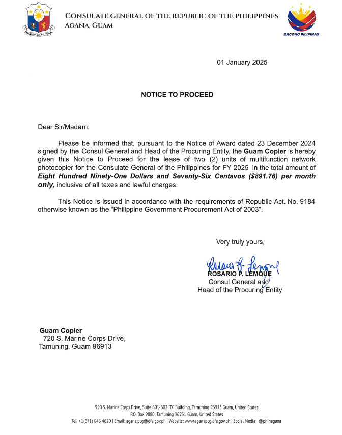Notice of Award and Notice to Proceed - Guam Copier