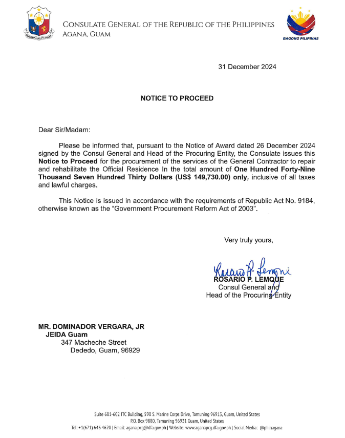 Notice of Award and Notice to Proceed - JEIDA Guam