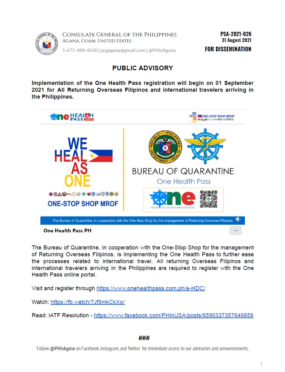 ADVISORY: Implementation of One Health Pass PH - phinagana
