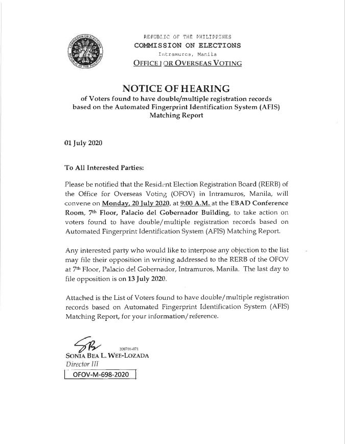 Notice of Hearing of Voters with Double or Multiple Registration Records Based on AFIS Matching Report