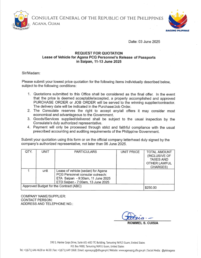 Request for Quotation - Lease of Vehicle for Saipan