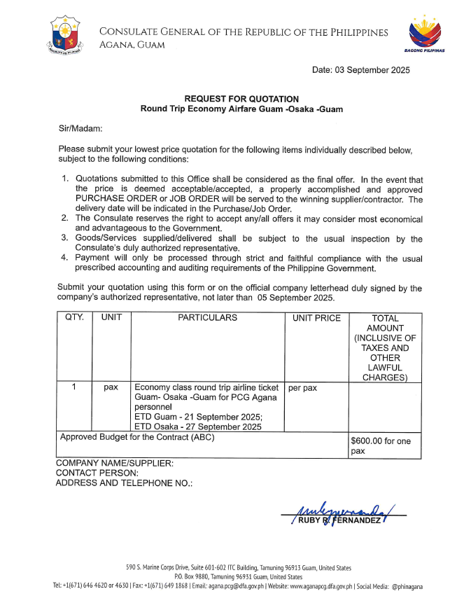 Request for Quotation - Airfare for Guam-Osaka-Guam