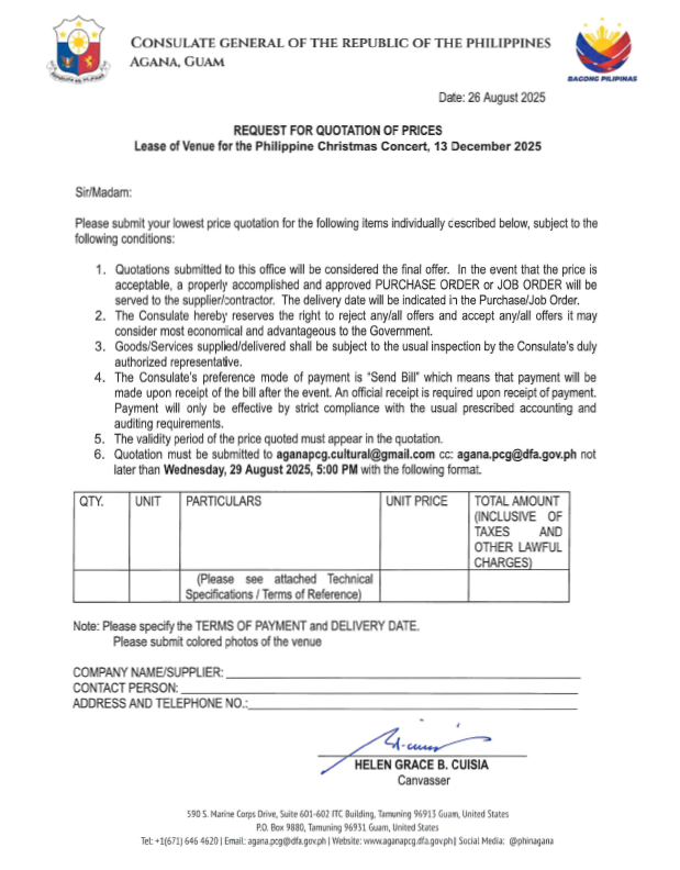 Request for Quotation - Lease of Venue for the Christmas Concert