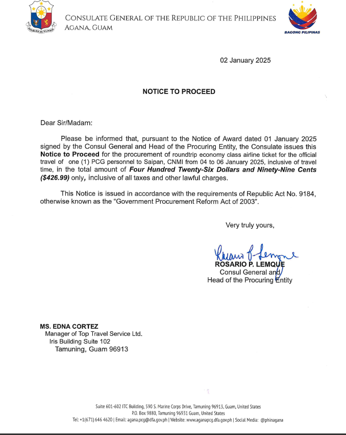 Notice of Award and Notice to Proceed - Top Travel Service Ltd.