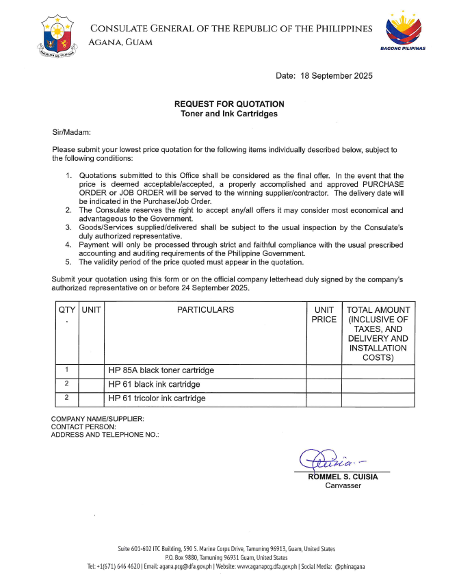 Request for Quotation - Toner and Ink Cartridges