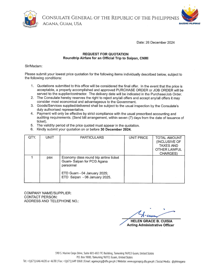 Request for Quotation-Roundtrip Airfare for Saipan, CNMI