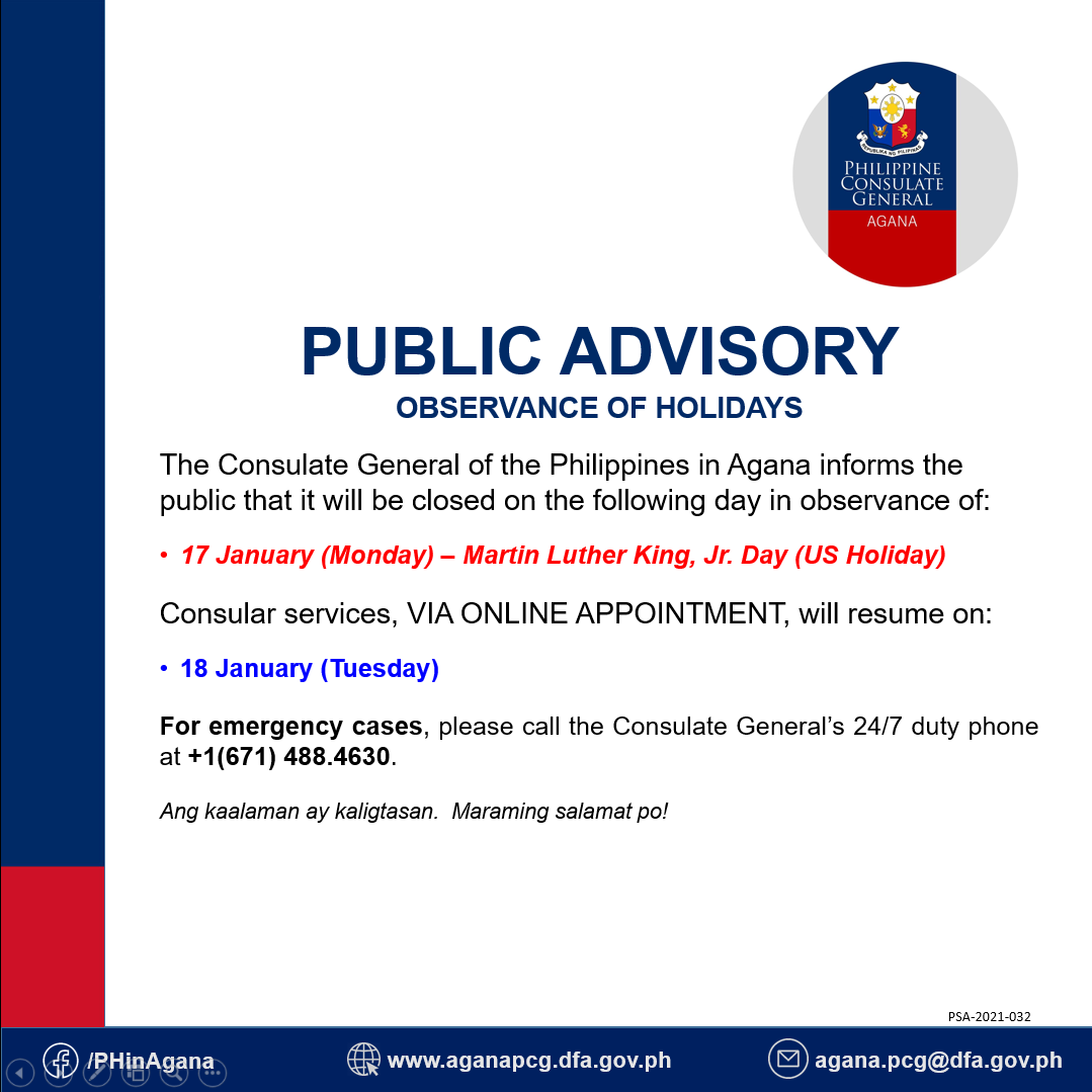 Advisory: Observance of Holiday in January 2022