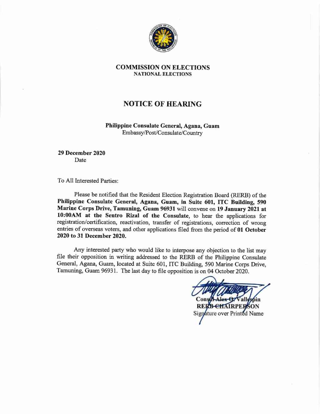 Notice of Hearing of the Resident Election Registration Board (RERB) on 19 January 2021