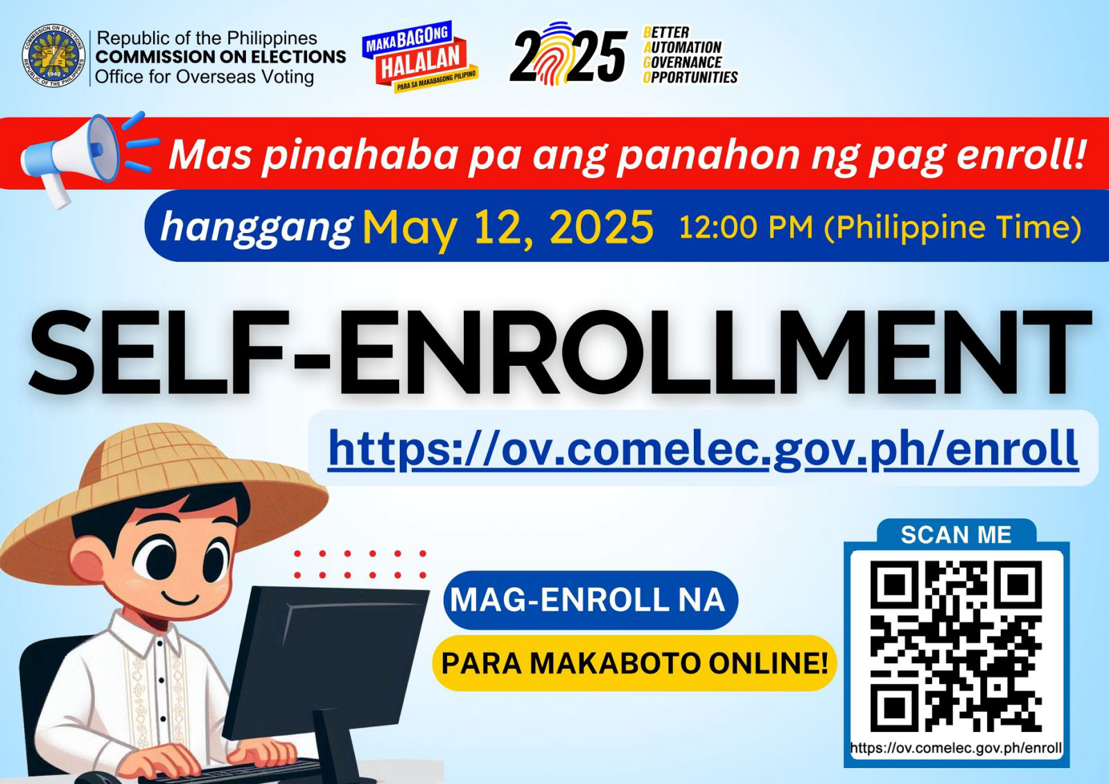 ADVISORY: ENROLLMENT PERIOD FOR INTERNET VOTING FOR OVERSEAS VOTERS EXTENDED UNTIL 12 MAY 2025, 12:00 NN PH Time